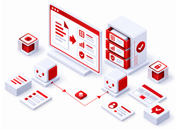 Zwei KI-Assistenten verarbeiten Dokumente zwischen Webapplikation und Datenarchiv